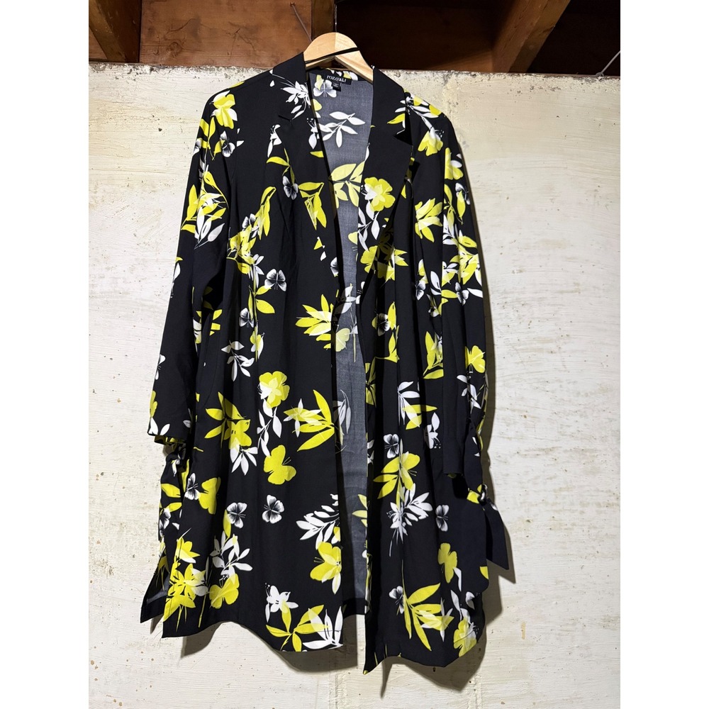 Roz & Ali Womens 1X Black Yellow Floral Butterfly Duster Cardigan Open Front